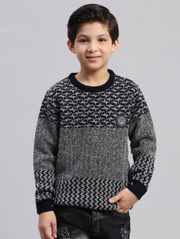 Monte Carlo - Grey Self Design Round Neck Pullover Sweater