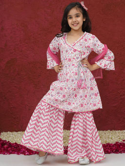 AJ Dezines - Pink Floral Print Angarkha Kurta with Sharara and Dupatta (Set of 3)