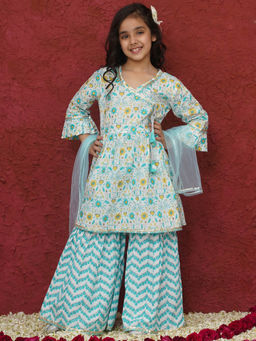 AJ Dezines - Blue Floral Print Angarkha Kurta with Sharara and Dupatta (Set of 3)