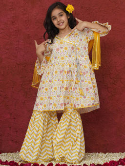 AJ Dezines - Yellow Floral Print Angarkha Kurta with Sharara and Dupatta (Set of 3)