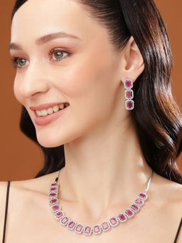 Estele - Rhodium Plated CZ Ossum Octagon Necklace Set with Pink Crystals for Women