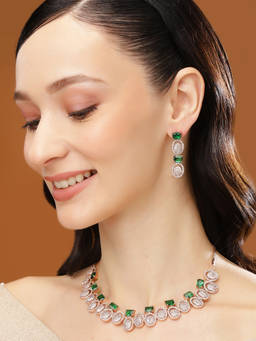 Estele - Rose Gold Plated CZ Circlet Designer Necklace Set with Green Crystal for Women
