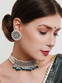 Karatcart - Oxidised Silver Green Tumble and Pearl Studded Kundan Choker Necklace Set (Set of 2)