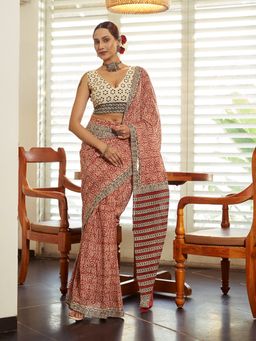 Modeva - Ready To Wear Saree with Unstitched Blouse Piece-Maroon