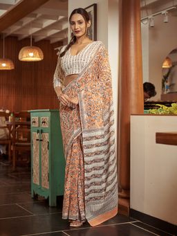 Modeva - Ready To Wear Saree with Unstitched Blouse Piece-Orange