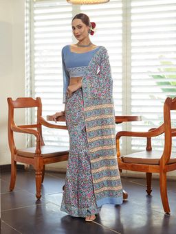 Modeva - Ready To Wear Saree with Unstitched Blouse Piece-Turquoise