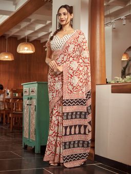 Modeva - Ready To Wear Saree with Unstitched Blouse Piece-Maroon