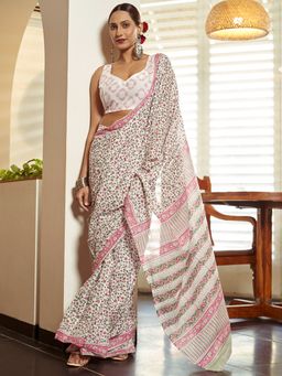 Modeva - Ready To Wear Saree with Unstitched Blouse Piece-White