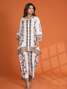 KAFTANIZE - White & Brown Floral Placement Print Co-Ord (Set of 2)