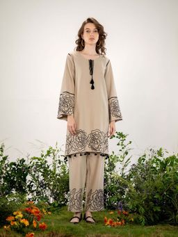 KAFTANIZE - Royal Beige Floral Border Embroidered Cotton Flex Co-Ord (Set of 2)