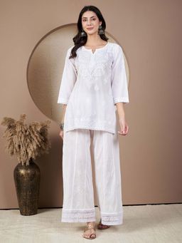 SHADES OF FAASHION - Women White Chikankari Short Kurta With Palazzo (Set of 2)