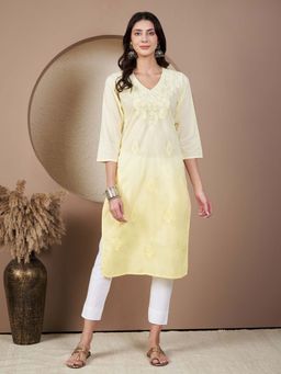 SHADES OF FAASHION - Women Yellow Chikankari Kurta With Pant (Set of 2)