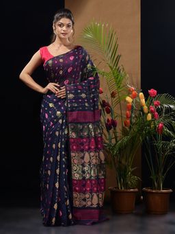 CHARUKRITI - Navy Blue Handwoven Saree with Multicolor Woven Designs & Motifs