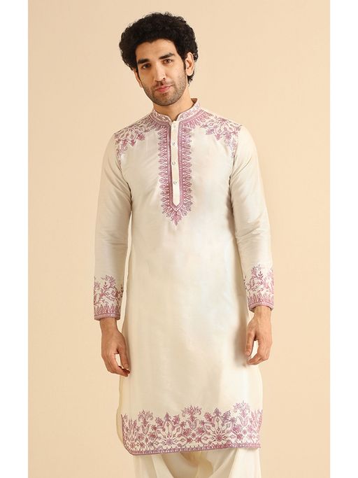 KISAH Men Off White Embroidered Kurta