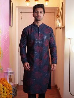 KISAH - Men Navy Blue Embroidered Kurta