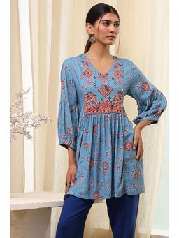 Biba - Women Dull Blue Viscose Rayon Printed Kurti