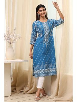Biba - Women Blue Cotton Printed Straight Kurta