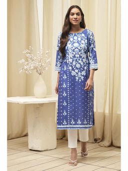 Biba - Women Blue Cotton Floral Print Straight Kurta