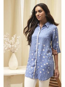 Biba - Women Blue Printed High-Low Shirt Style Kurti
