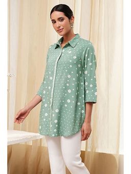 Biba - Women Green Printed High-Low Shirt Style Kurti