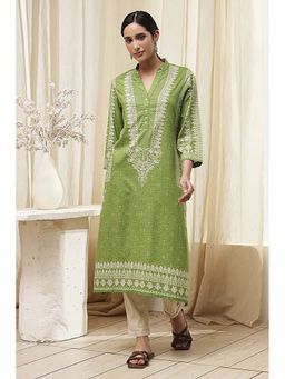 Biba - Women Green Cotton Printed Straight Kurta