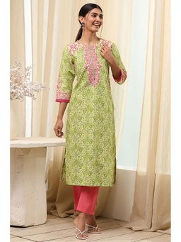Biba - Women Green Cotton Straight Floral Printed Kurta