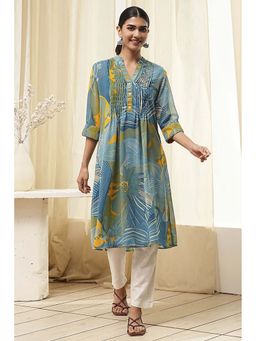 Biba - Women Blue Floral Printed Pleated A-Line Kurta with Inner (Set of 2)
