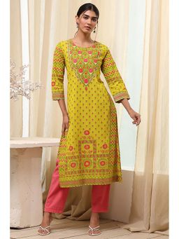 Biba - Women Lime Green Cotton Straight Floral Printed Kurta