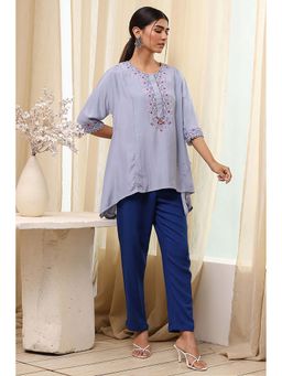 Biba - Women Dull Blue Modal Floral Embroidered Kurti