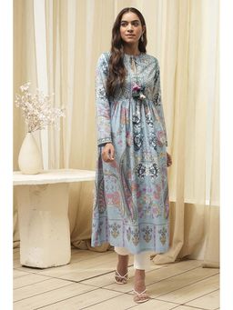 Biba - Women Dull Blue Cotton Floral Printed Flared Kurta