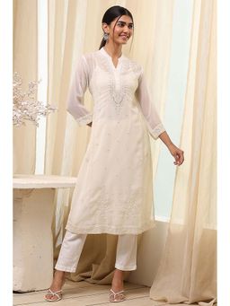 Biba - Women Off White A-Line Embroidered Kurta with Inner (Set of 2)