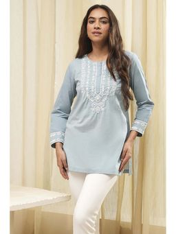 Biba - Women Blue Cotton Embroidered Straight Short Kurti