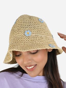 ToniQ - Women Woven Beige Straw with Blue Floral Summer Beach Hat
