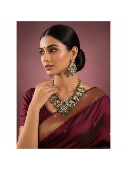 Auraa Trends - Royal Emerald Green Kundan Necklace and Earring Set