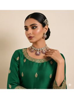 Auraa Trends - Pink Crescent and White Kundan Choker Necklace Set with Earrings