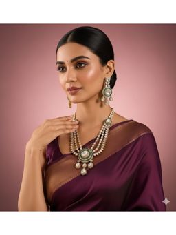 Auraa Trends - Triple Layered Kundan Pearl Necklace Set with Green Enamel Detailing
