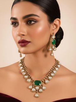 Auraa Trends - Green Kundan Polki Necklace With Earrings Jewellery Set