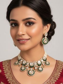 Auraa Trends - Green Kundan Choker Necklace With White Stones and Earrings Jewellery Set