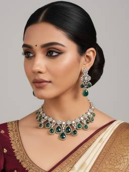 Auraa Trends - Gold-Plated Emerald Green And White Stone Choker Necklace With Earrings Jewellery Set