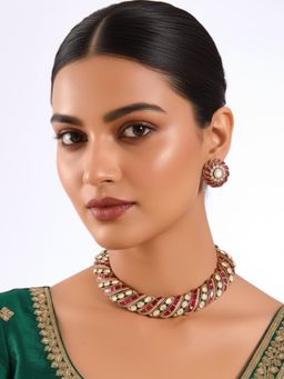 Auraa Trends - Gold Finish Kundan Polki Choker Necklace With Earrings Jewellery Set - Pink