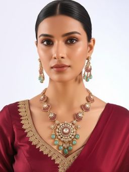 Auraa Trends - Gold Finish Kundan Polki And Ruby Drop Necklace With Earrings Jewellery Set