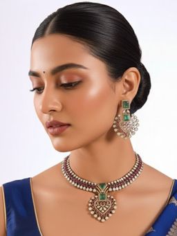 Auraa Trends - Gold Finish Kundan Polki Necklace With Earrings Jewellery Set With Ruby Stones