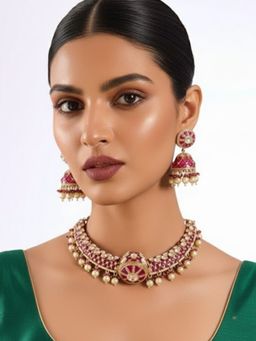 Auraa Trends - Gold Finish Kundan Polki Necklace With Earrings Jewellery Set With Pink Stones