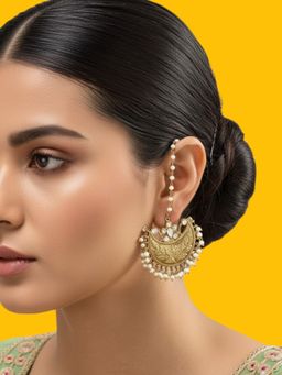 Auraa Trends - Gold-Plated Pearl Kundan Chandbali Earrings with Ear Chain