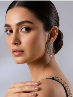 Auraa Trends - Rhodium-Plated American Diamond Floral Drop Earrings