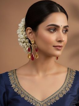 Auraa Trends - Gold-Plated Red and Yellow Stone Teardrop Earrings