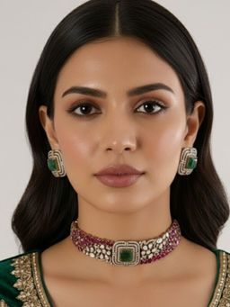 Auraa Trends - Gold Finish Zircon and Ruby Stone Jewellery Set