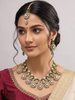 Auraa Trends - Traditional Kundan Green Stones Jewellery Set