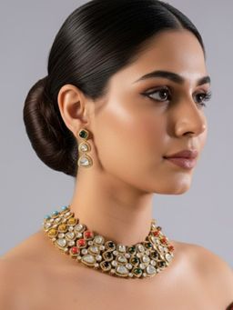 Auraa Trends - Gold Finish Kundan Polka and Navratna Stone Jewellery Set
