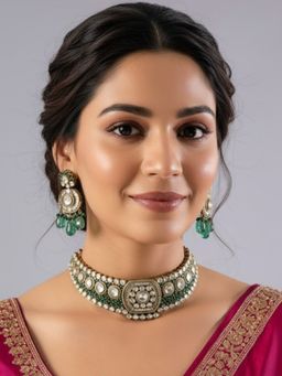 Auraa Trends - Gold Finish Kundan Polka and Emerald Stone Jewellery Set
